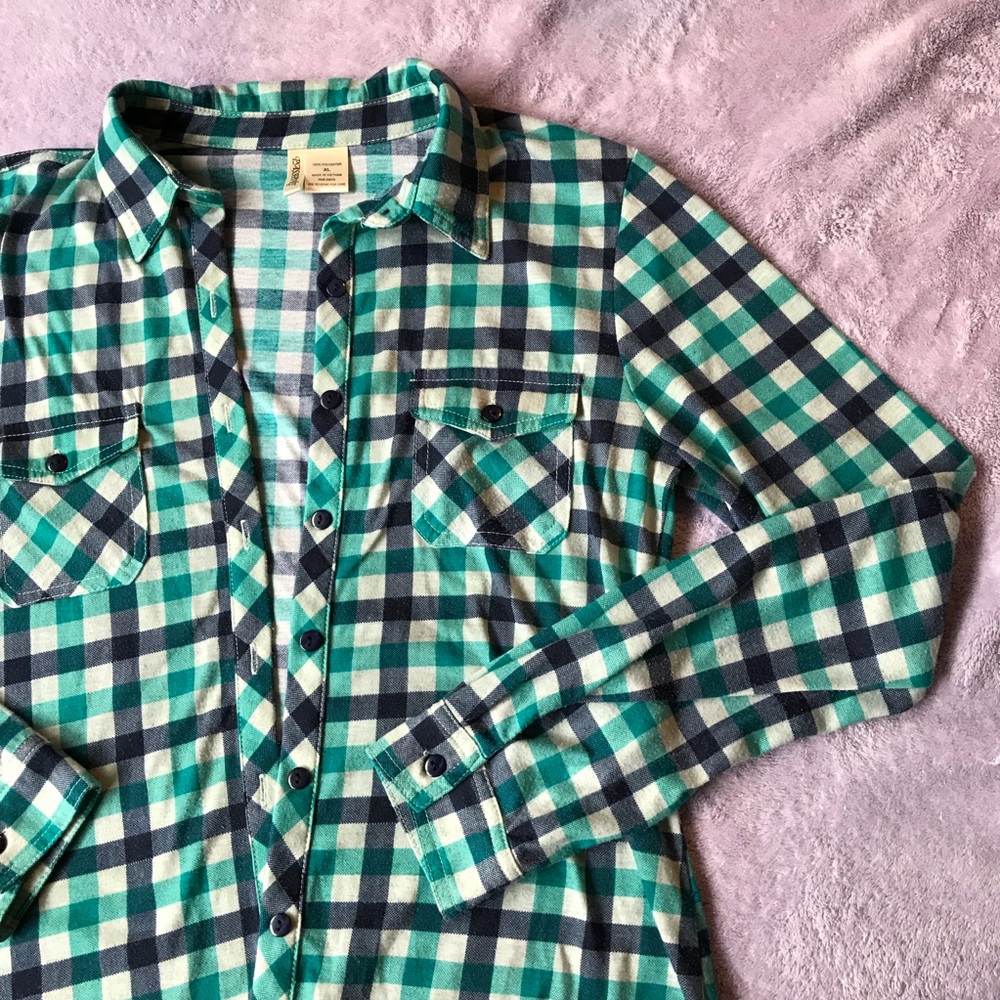 Navy Blue/Teal/Light Green Plaid Top